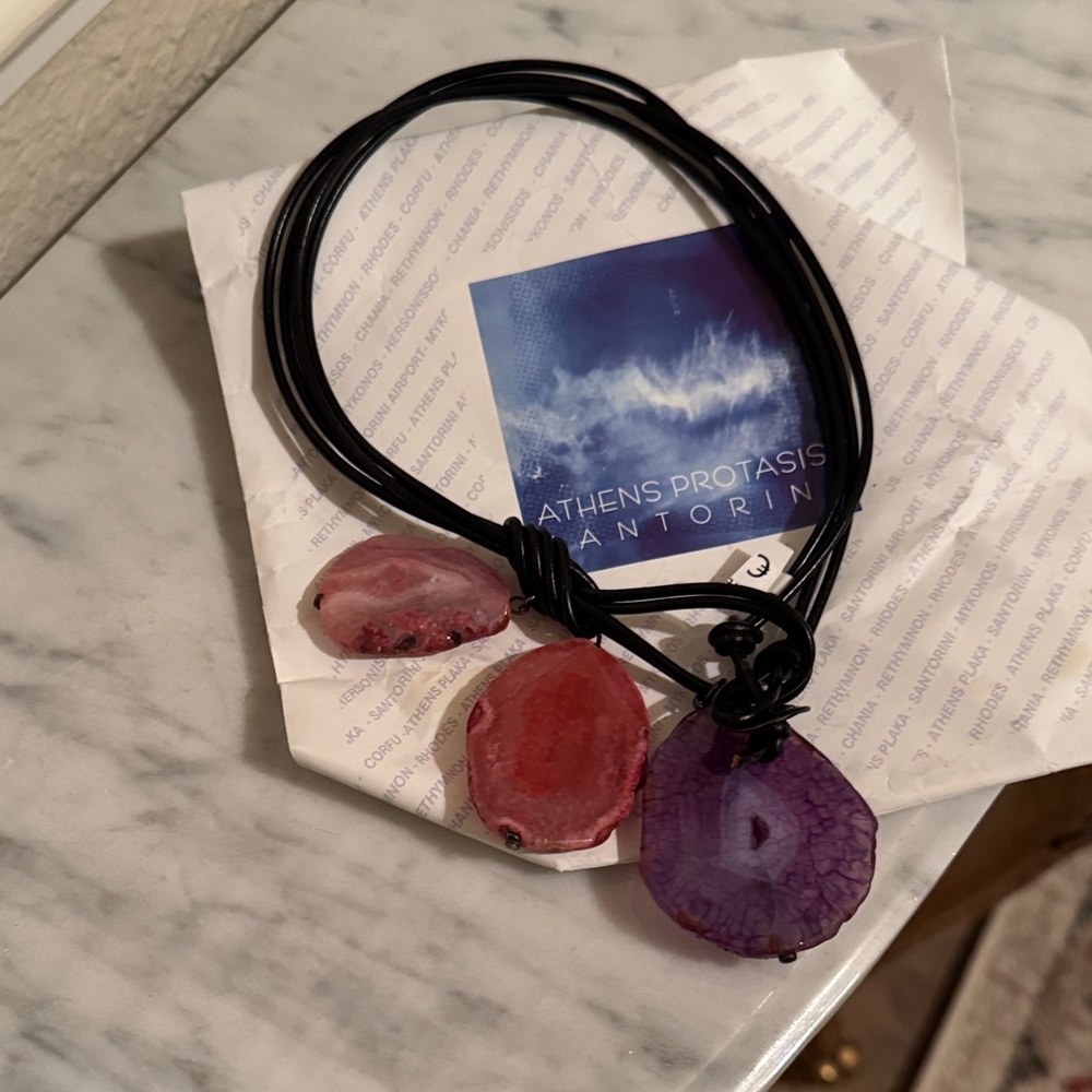 Santorini Purple and Pink Stone Black Leather Necklace